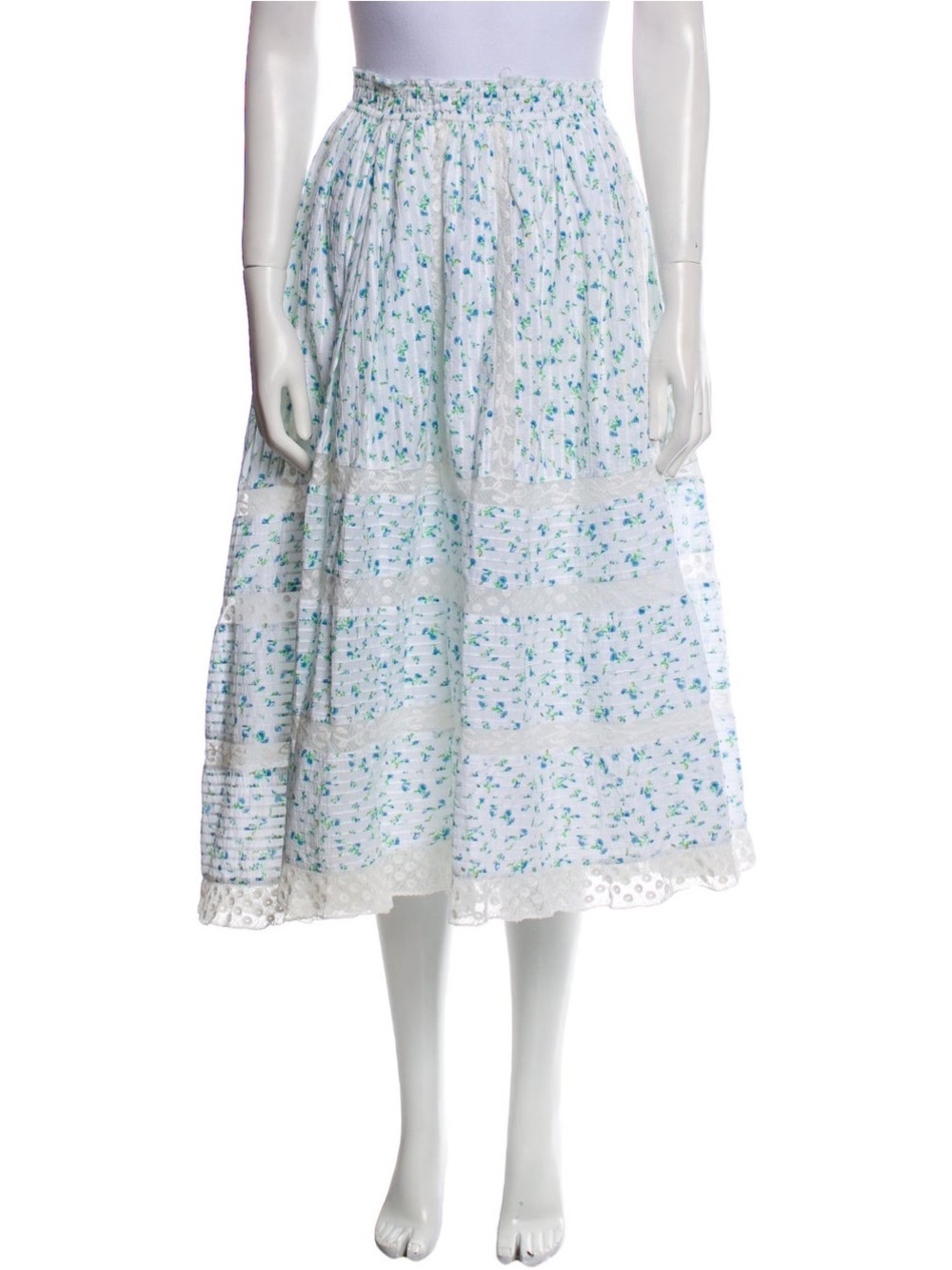 LoveShackFancy Floral Lace A-Line Skirt Blue White Cottagecore Medium $400